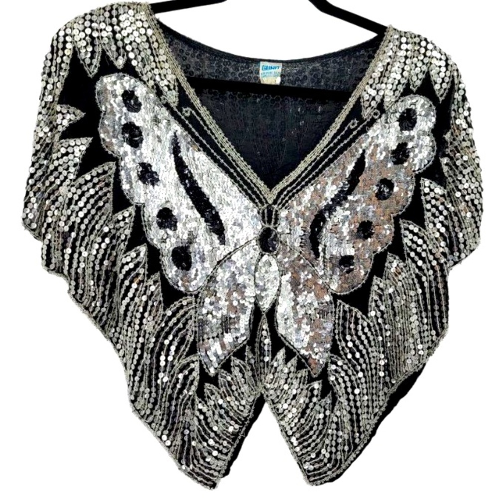VINTAGE 💯 Silk Sequin Beaded Butterfly Silhouette Pullover/Poncho/Top - Picture 3 of 7